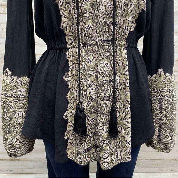 Free People Wildest Moments Tunic Top Womens Size XS Black Olive Lace Up Tassel - Picture 6 of 15